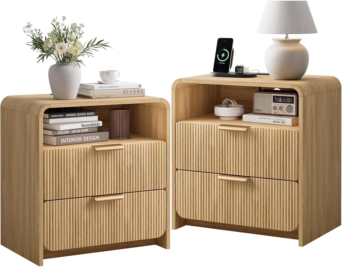 Fluted Nightstand Set Of 2 With Charging Station, 24 Inch, Natural Oak