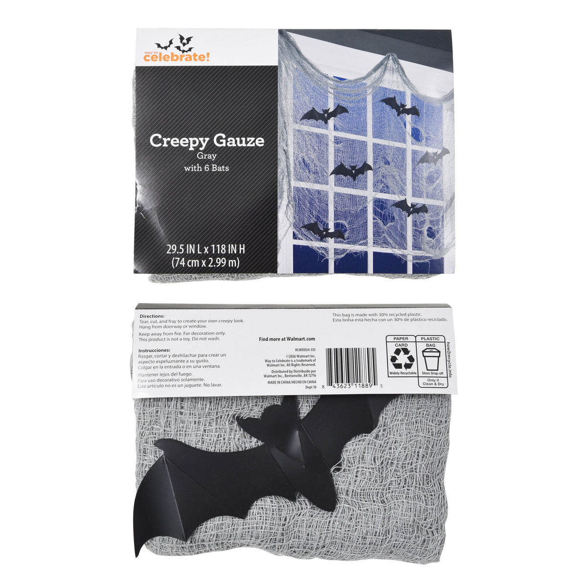 Creepy Gauze Fabric with Bats, Gray, 29.5" x 118", Halloween by Way To Celebrate