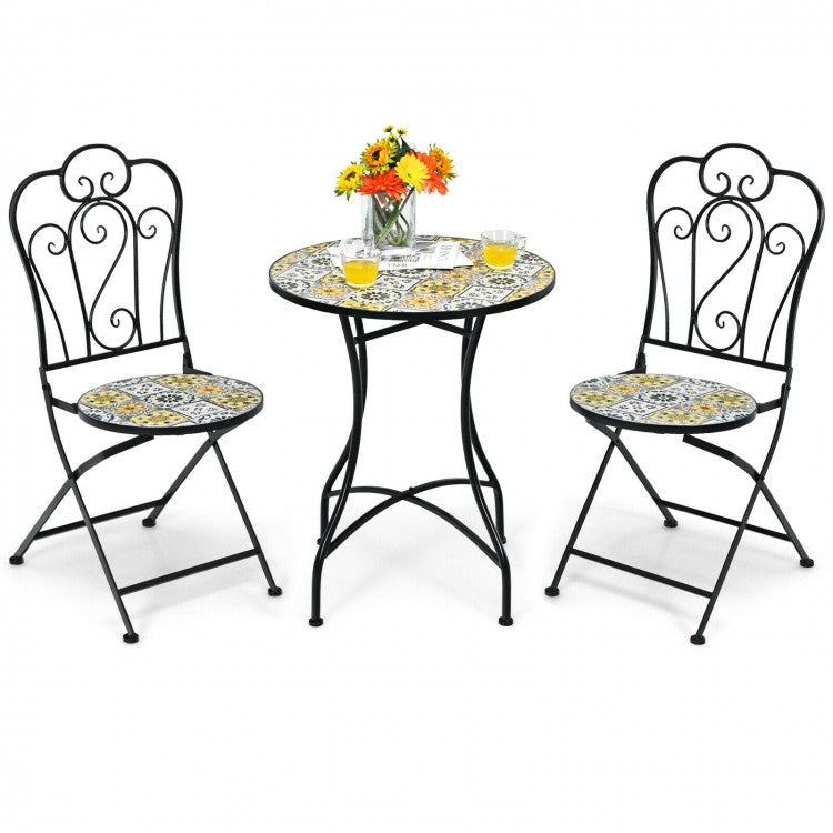 2-Piece Mosaic Folding Bistro Chairs With Ceramic Tile Seats - Black