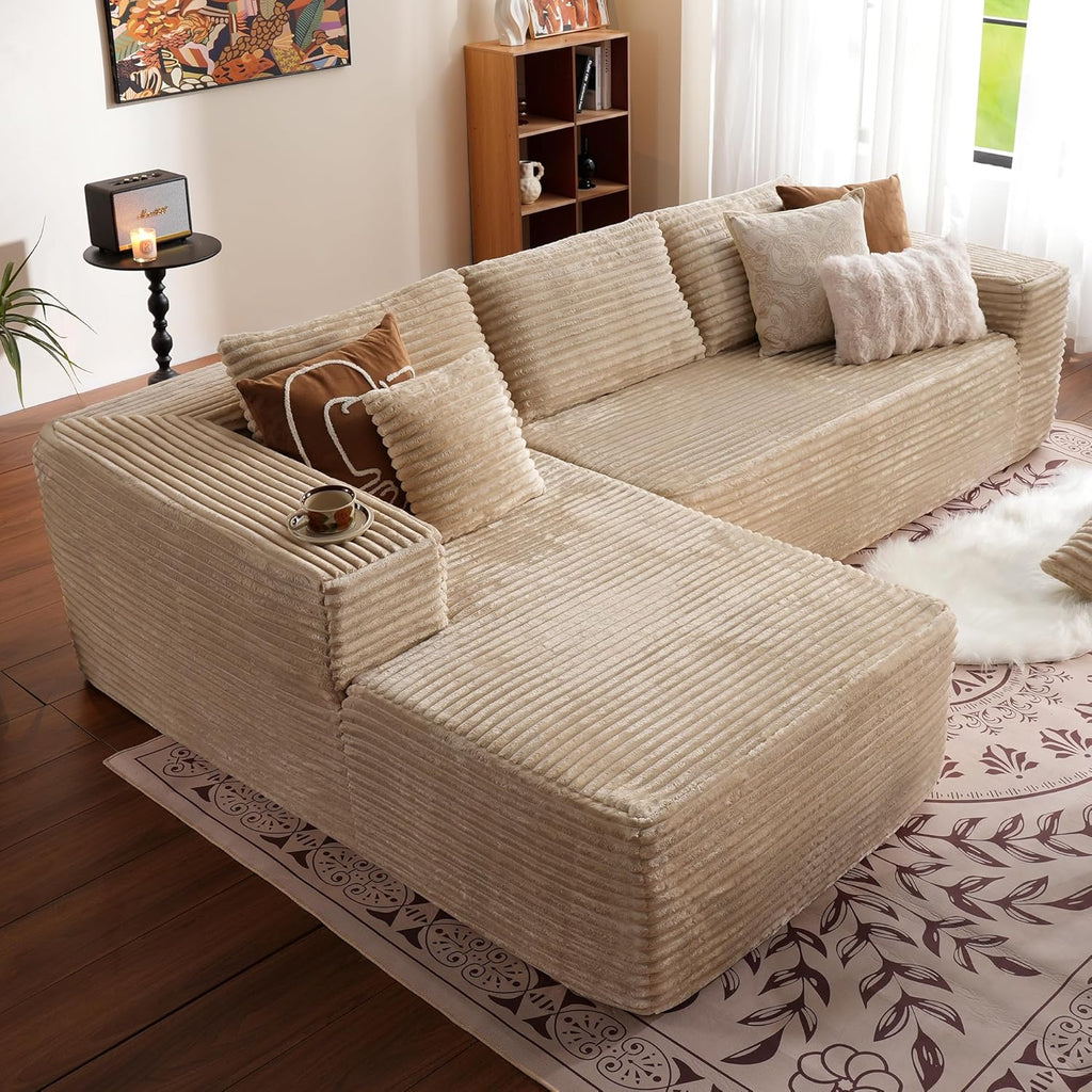 ovios 104in L-Shape Sectional Sofa With Chaise, Grey Plush Corduroy Fabric