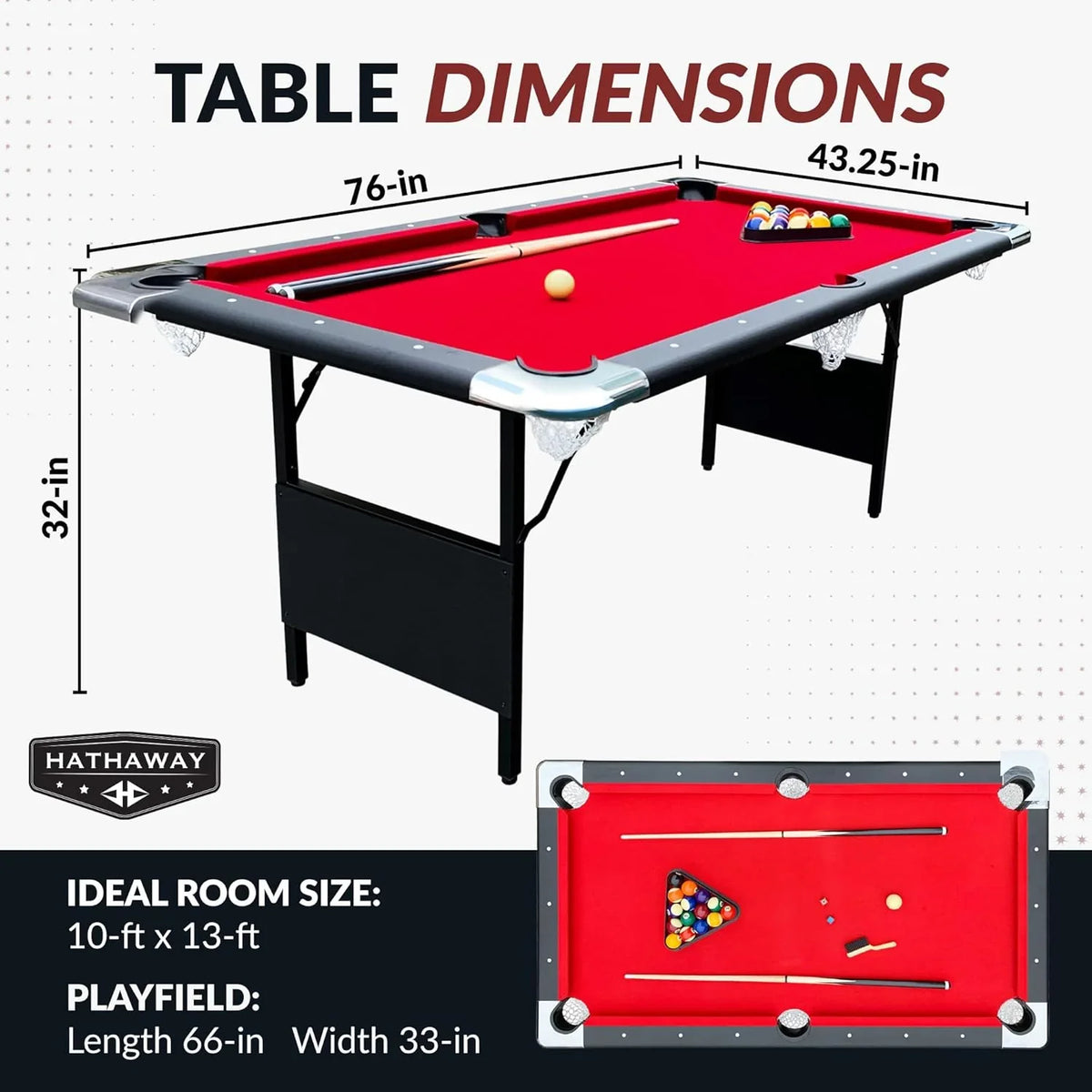 Hathaway Fairmont Portable Pool Table 6 Ft, 76 x 43.25 x 32 in - BG2574