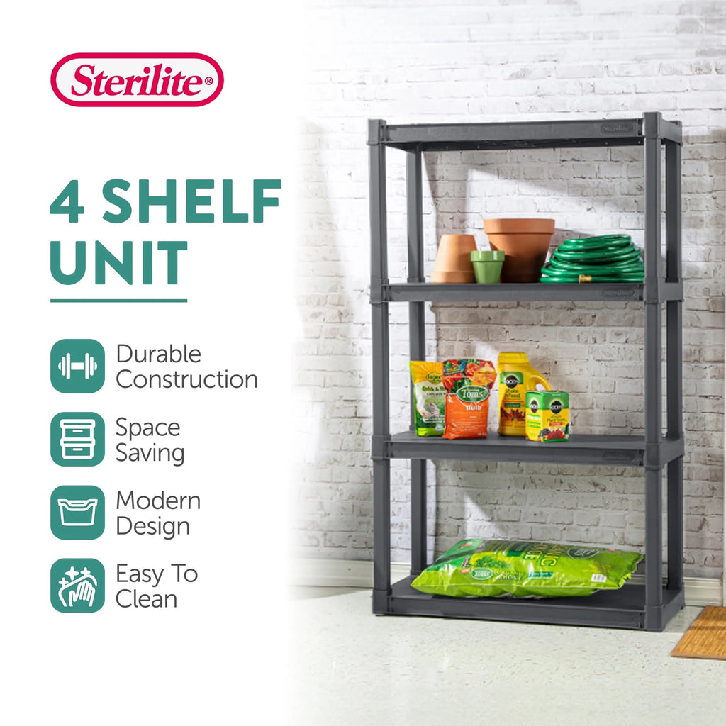 Sterilite Plastic Indoor Outdoor 4-Shelf Shelving Unit, Flat Gray, 3 Pack