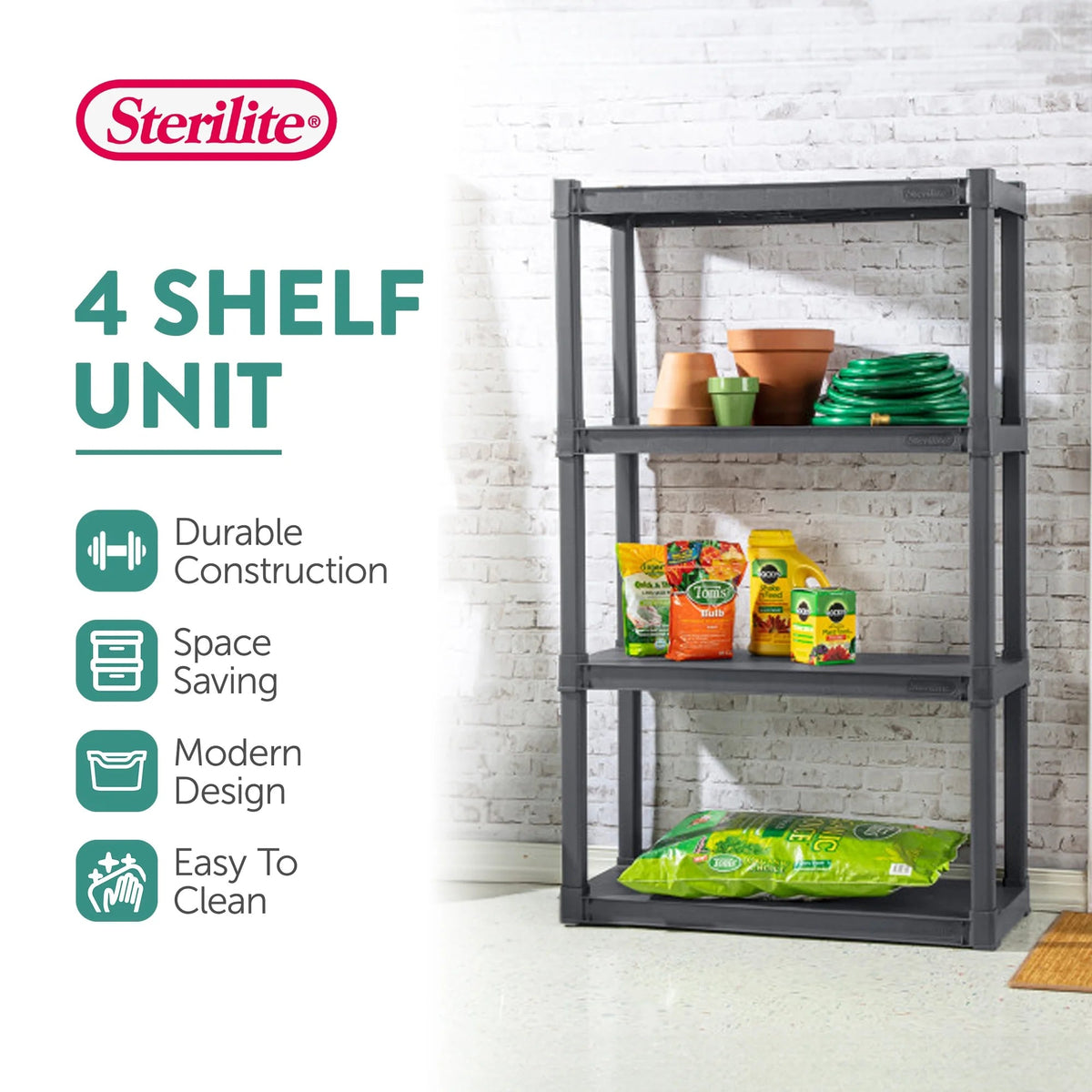 Sterilite Plastic Indoor Outdoor 4-Shelf Shelving Unit, Flat Gray, 3 Pack