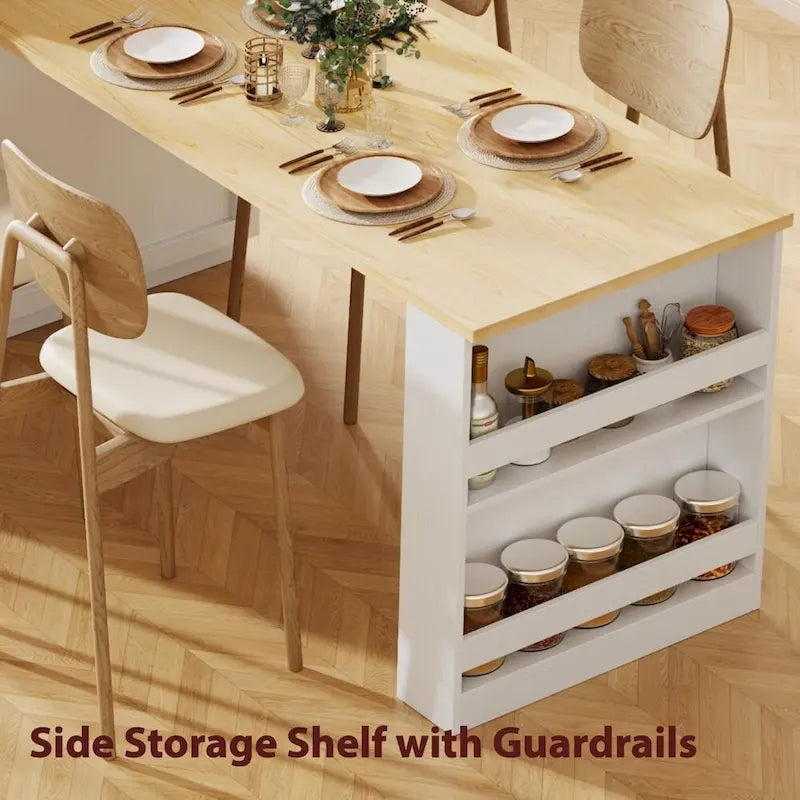 82.7 Wooden Kitchen Island With Extendable Dining Table And Double-Sized Storage