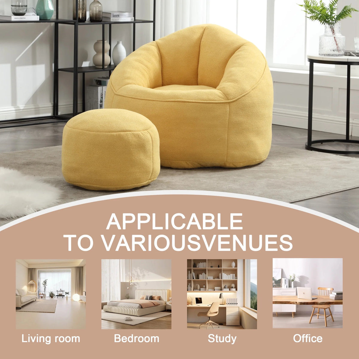 MOONMISS Microfiber Upholstered Round Bean Bag Sofa Chair With Ottoman - Gray