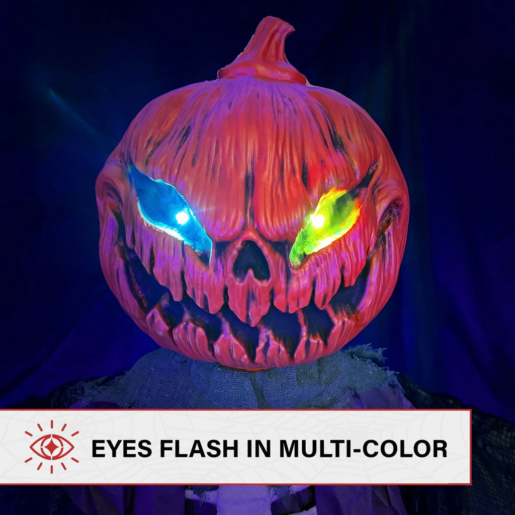 Haunted Hill Farm Life-Size Poseable 6.7-Ft. Pumpkin Scarecrow with Lights and Sound, Indoor or Covered Outdoor Halloween Decoration
