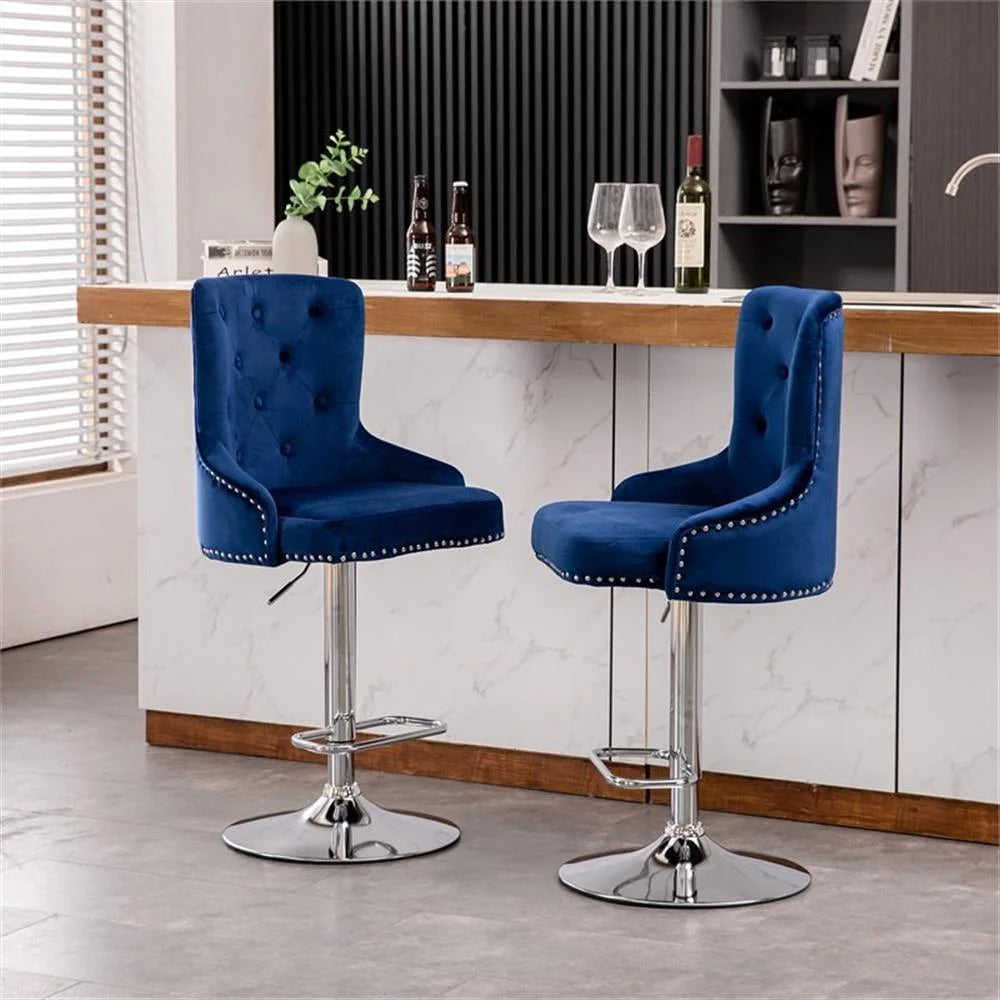 Alexent 2-Piece Swivel Bar Stools, Dark Blue, 43.7-51.6 H, 19.3 W x 18.1 D - Silver Footrest