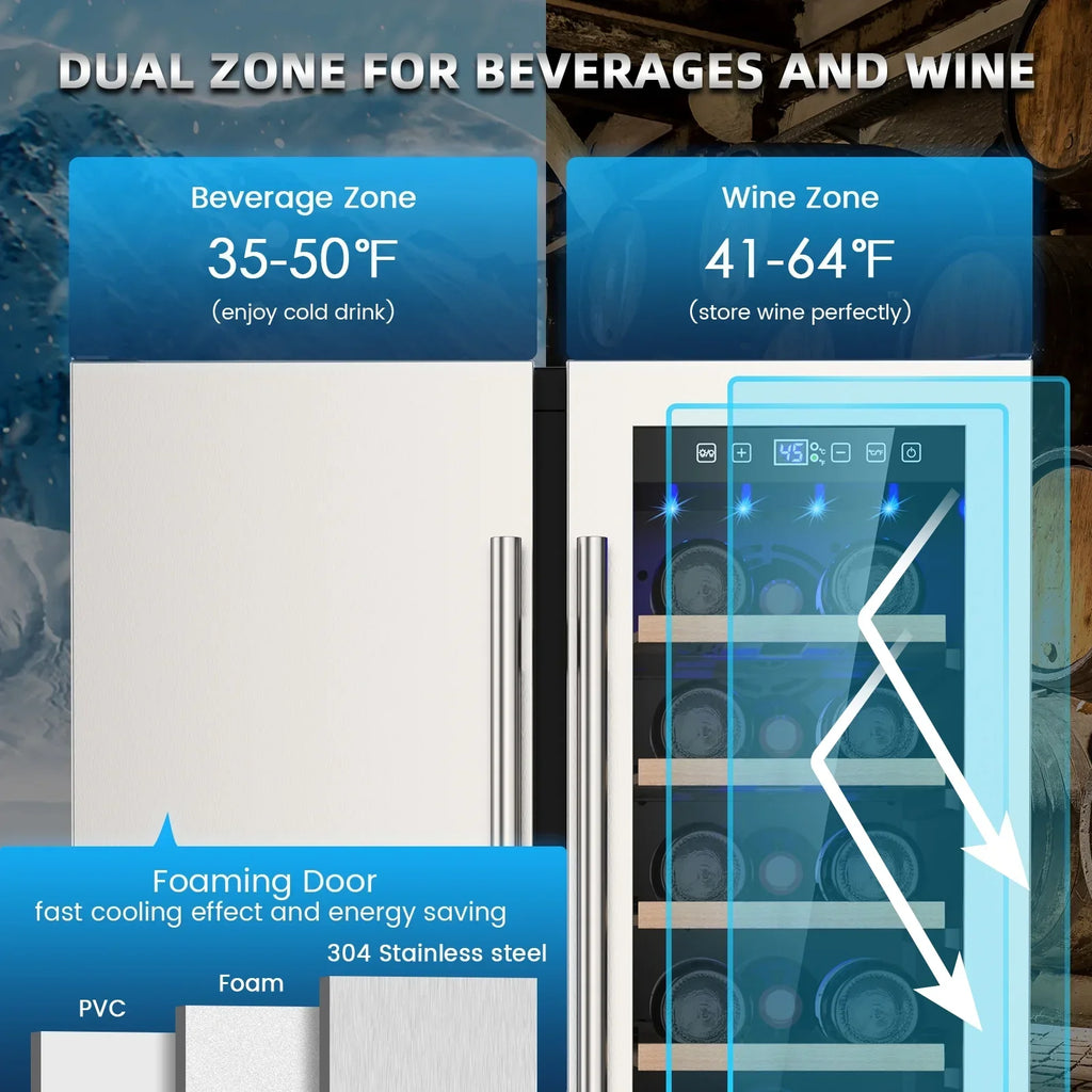 Ecojoy 24 Inch Dual Zone Wine And Beverage Refrigerator, 20 Bottles And 57 Cans