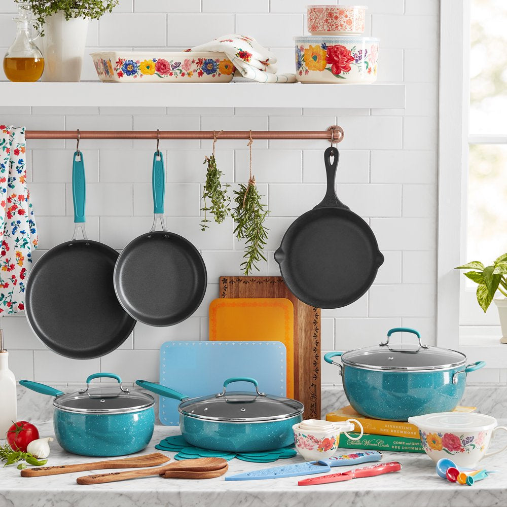 38-Piece Teal Cookware Set With Floral Design