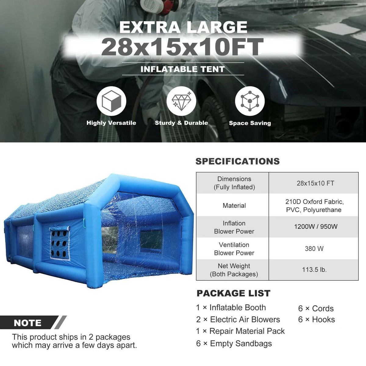 Urbanest Inflatable Spray Paint Booth 28x15x11FT With 2 Blowers - 950W And 350W