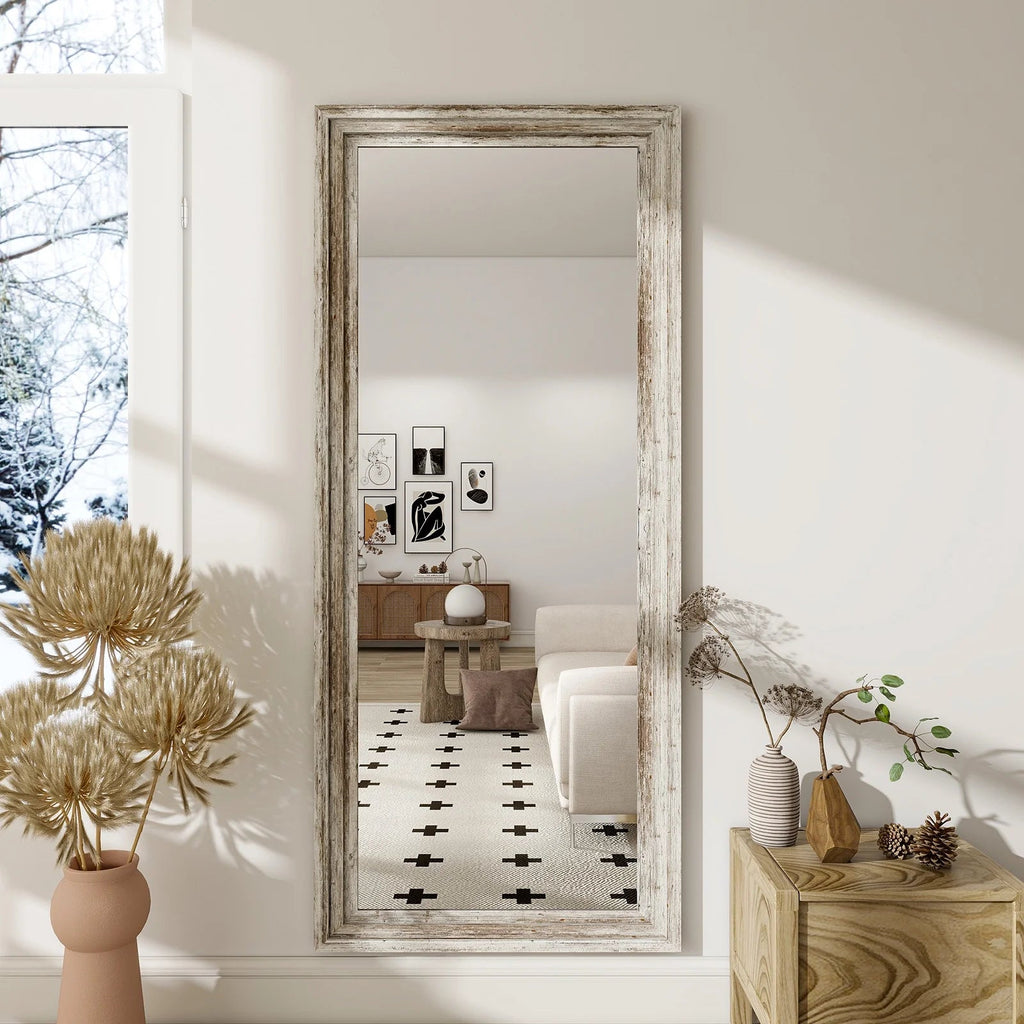 BEAUTYPEAK Full Length Floor Mirror With Stand, 64 x 21 in, Retro White