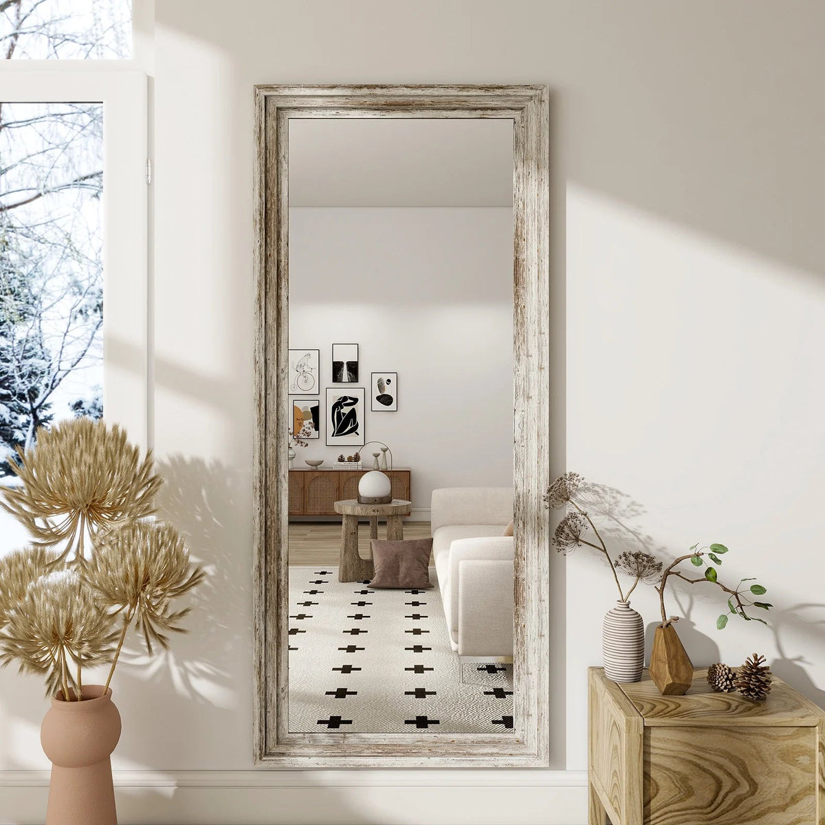 BEAUTYPEAK Full Length Floor Mirror With Stand, 64 x 21 in, Retro White