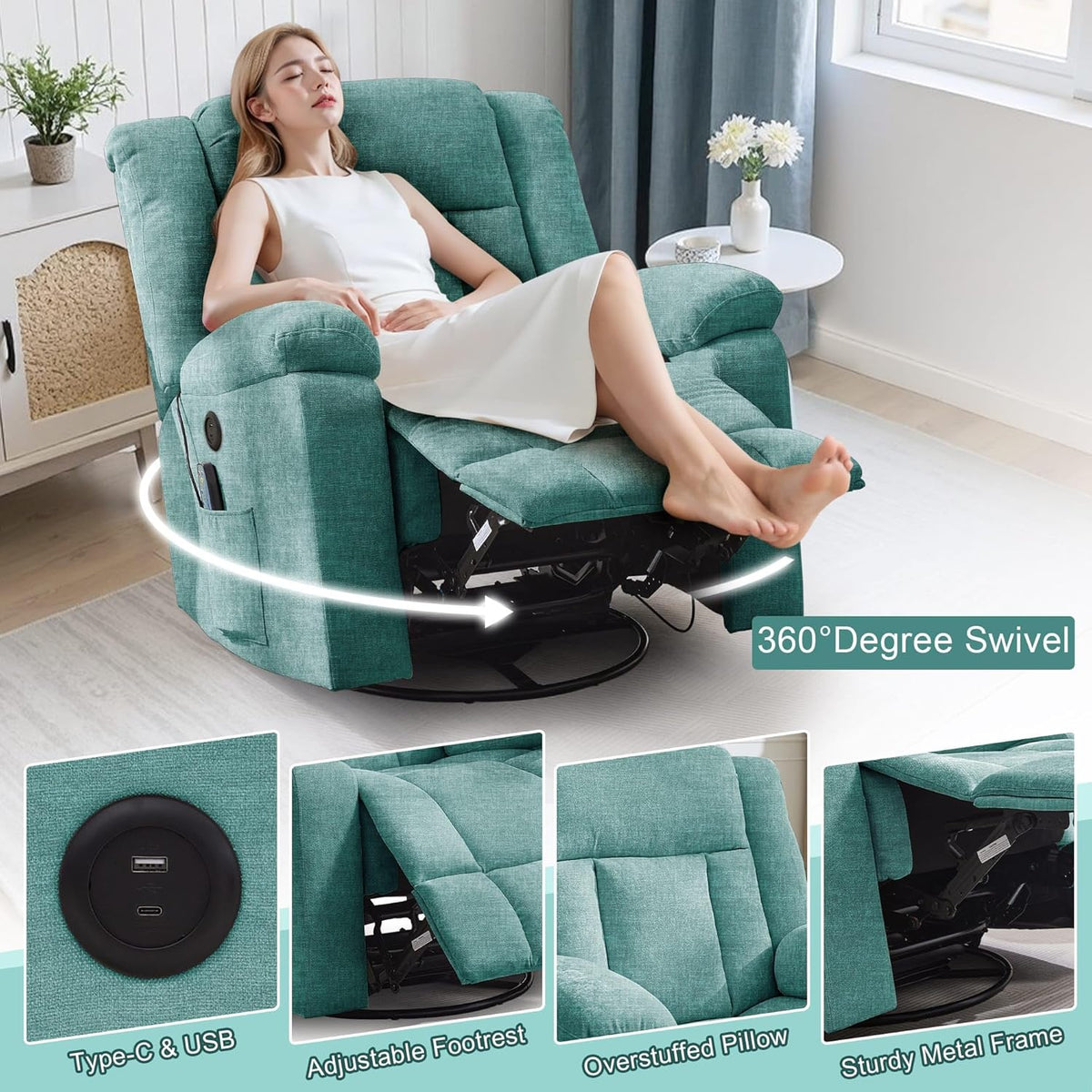 Korser Swivel Rocker Recliner Chair With Massage, Heating, USB Charging And Storage