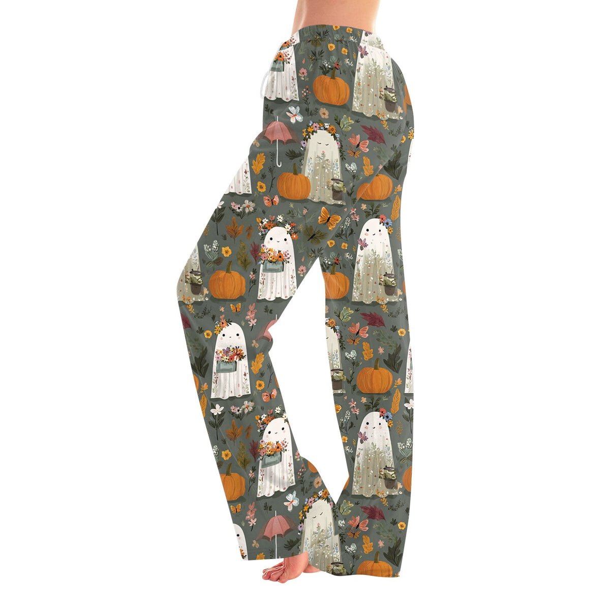 Fabrcox Halloween Womans Pajama Pants Ghost Pumpkin Candy Sleep Pants Women Fall Winter Festival Soft Lounge Pants for Women Khaki S