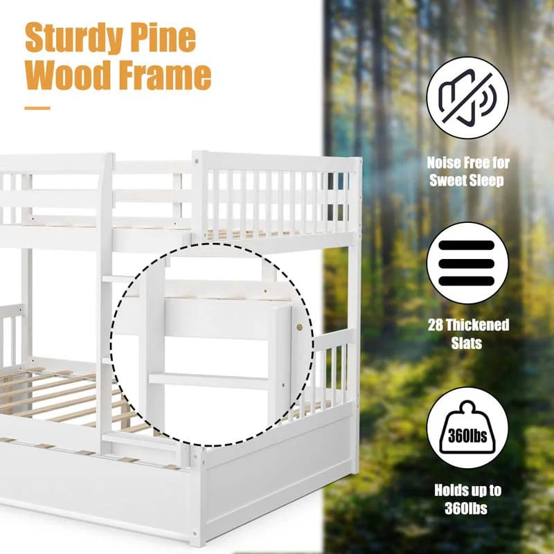 Full Over Full Convertible Bunk Bed Frame With Trundle, Ladder And Guardrails