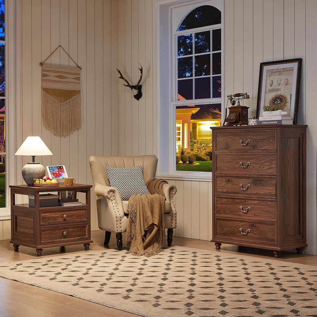 Joaxswe Farmhouse 5 Drawer Dresser, 31.5in W x 15.74in D x 44.9in H, Brown