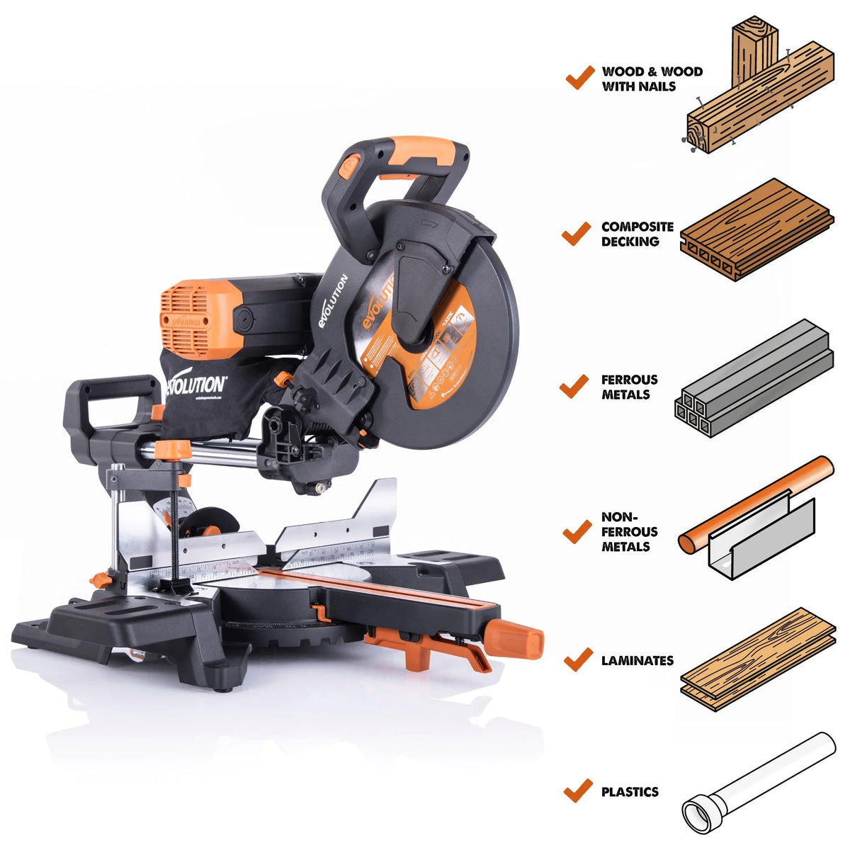 Evolution Dual Bevel Sliding Miter Saw With 10 in Multi-Material Cutting Blade - R255SMS-DB+