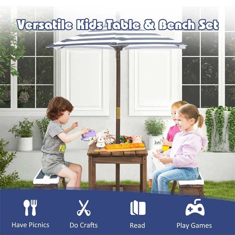 Wooden Kids Picnic Table Bench Set With Cushions And Height-Adjustable Umbrella - 35 in