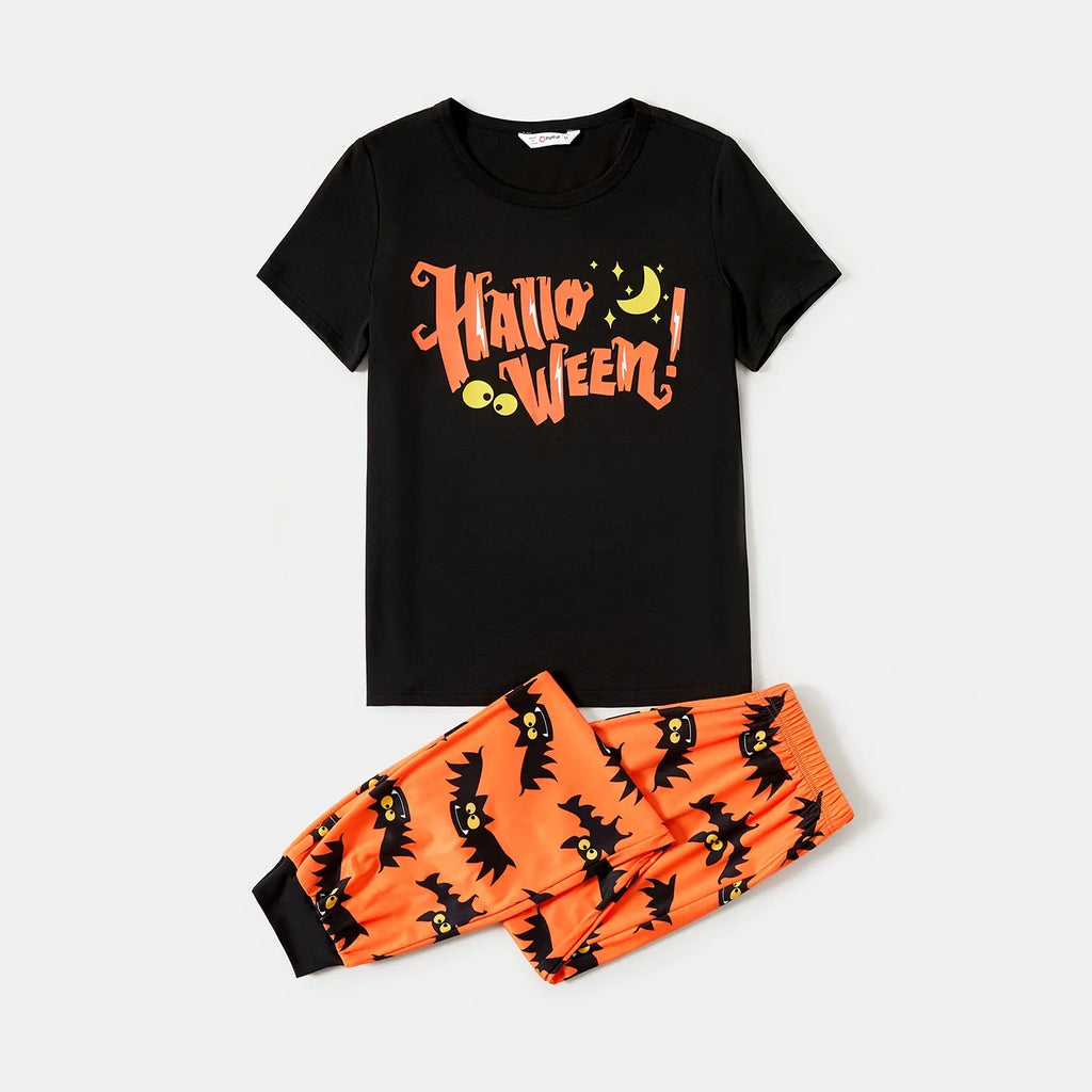 PatPat Halloween Pajamas Kids Holiday Pjs Family Matching Letter & Bat Print Short Sleeve Sleepwear Sets for Women Girls Boys, Black & Orange, L