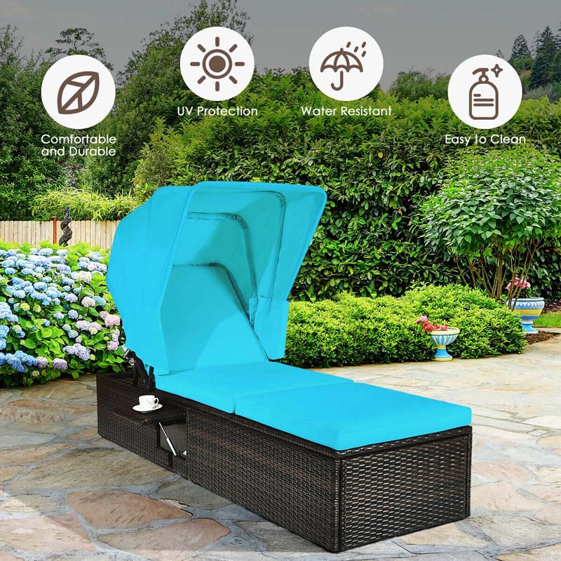 Cushioned Rattan Outdoor Chaise Lounge Chair With Folding Canopy, Flip-Up Tea Table And 5 Positions
