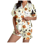 MEZZALL Women Halloween Printed Pajama With Lapel Collar Short Sleeve Tops And Shorts For Home Wear Cozy For Lightweight And Breathable Comfort Relaxed Fit 2 Piece Pjs