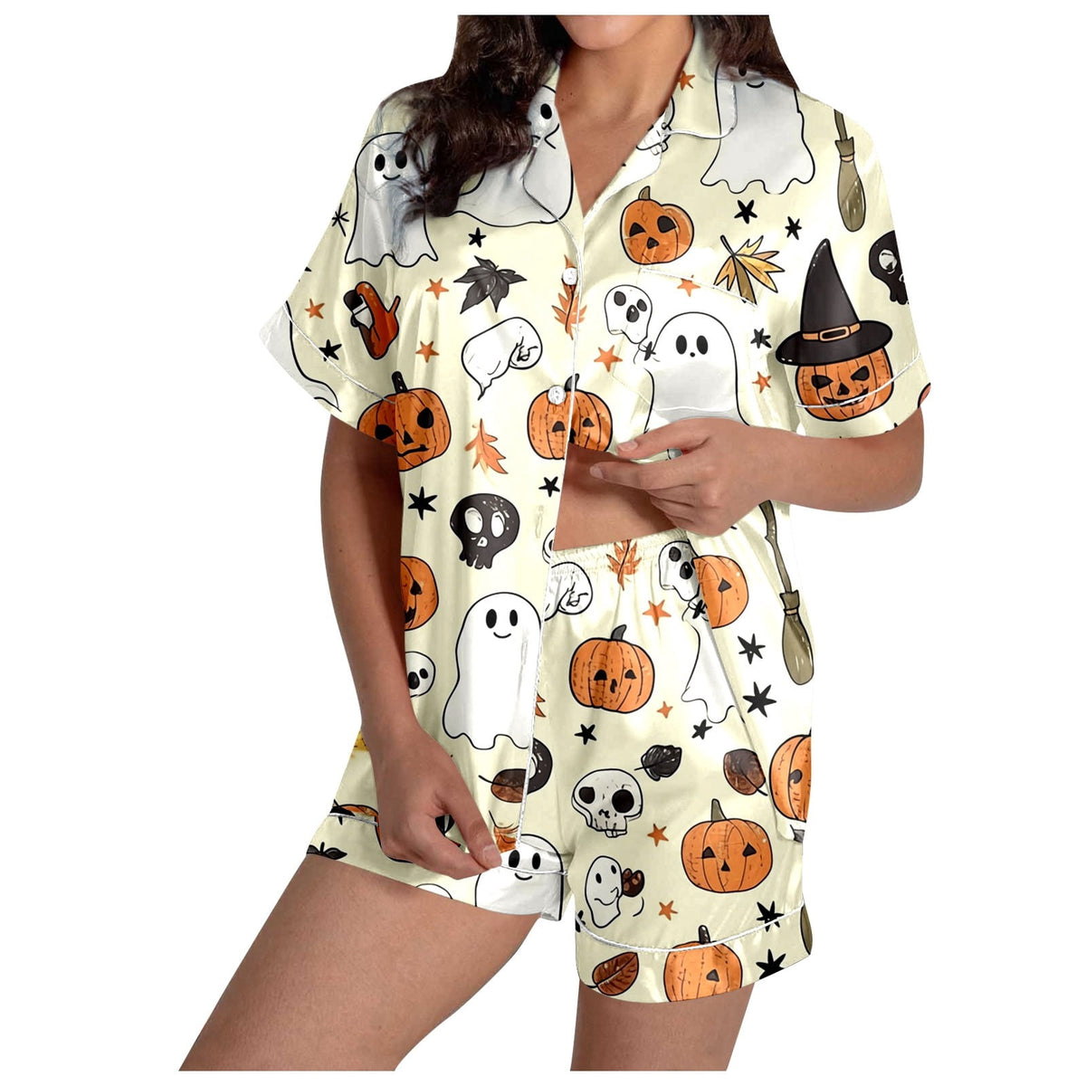 MEZZALL Women Halloween Printed Pajama With Lapel Collar Short Sleeve Tops And Shorts For Home Wear Cozy For Lightweight And Breathable Comfort Relaxed Fit 2 Piece Pjs