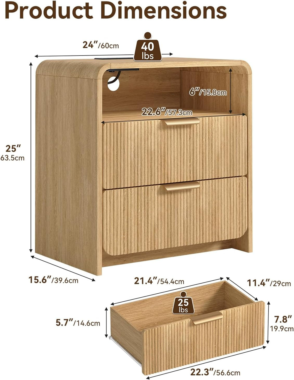 Fluted Nightstand Set Of 2 With Charging Station, 24 Inch, Natural Oak
