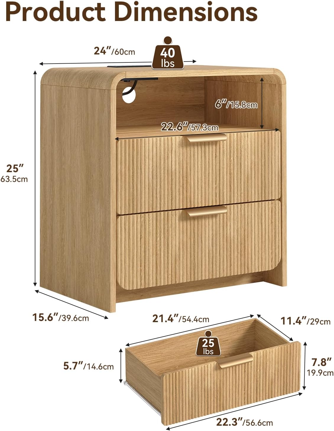 Fluted Nightstand Set Of 2 With Charging Station, 24 Inch, Natural Oak