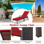 Costway 2 PCS Patio Rattan Chaise Lounge Chairs With Adjustable Backrest And Cushions - Red