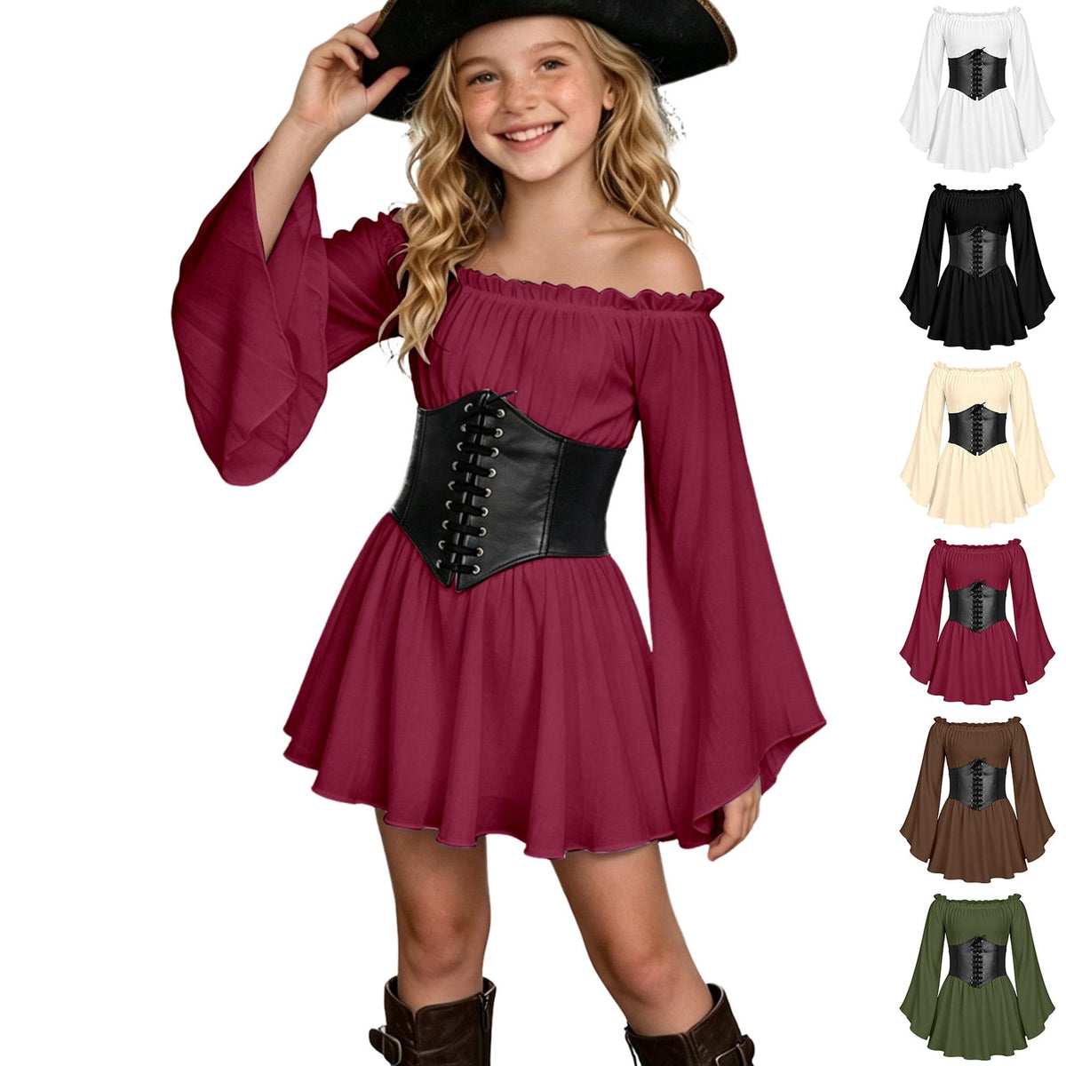 Kids Off the Shoulder Pirate Dresses with Sash Two Piece Set Pirate Costume Halloween Cosplay Halloween Costume Kids Size 4-14 Years