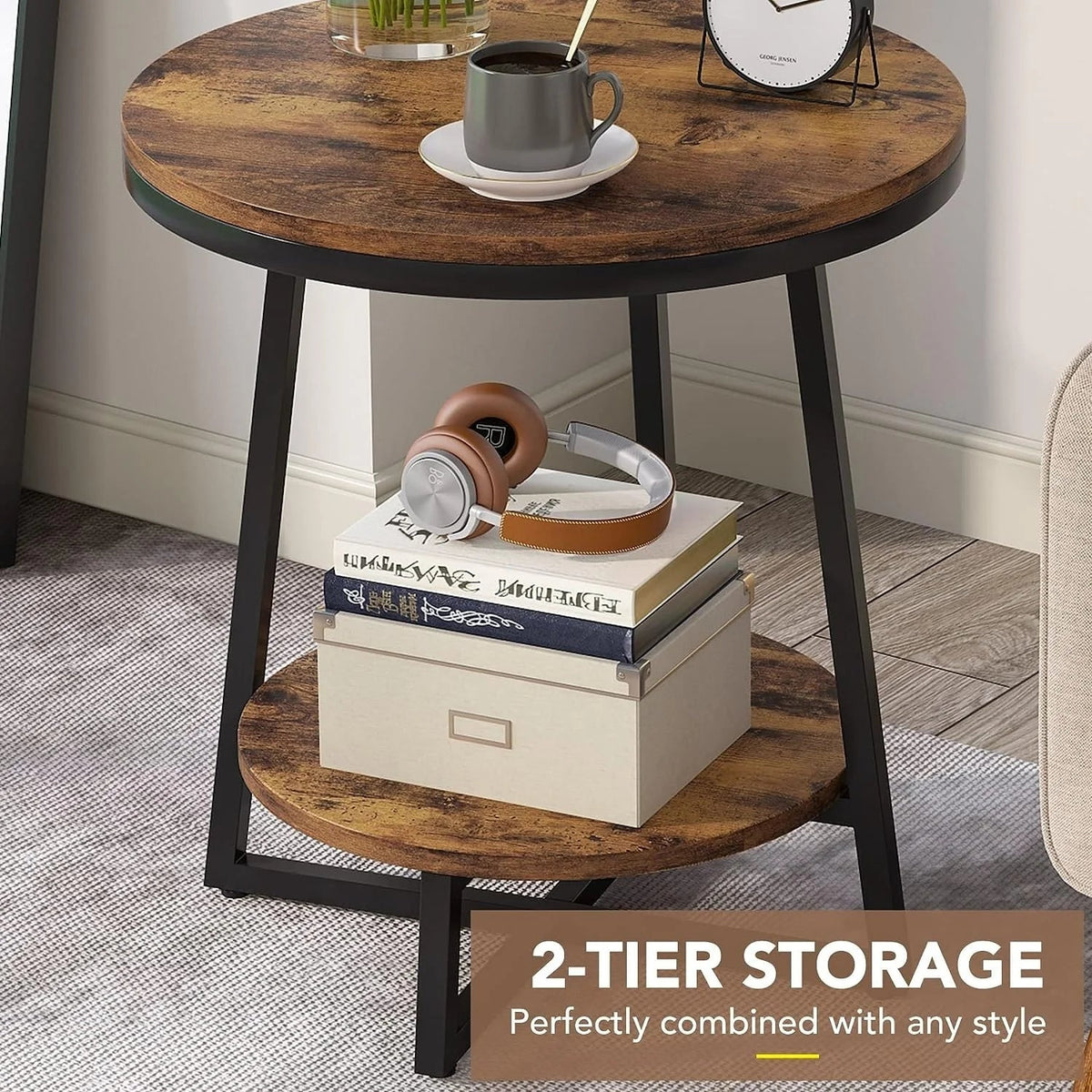 Industrial Round End Table With 2-Tier Storage