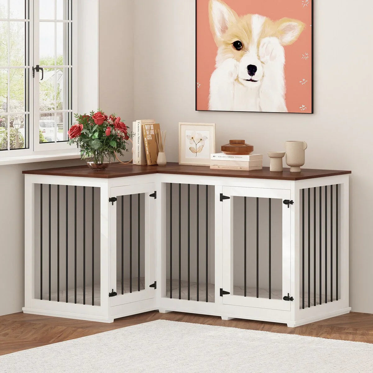 L Shape Corner Dog Crate Furniture For 2 Dogs, 58.7X41.1