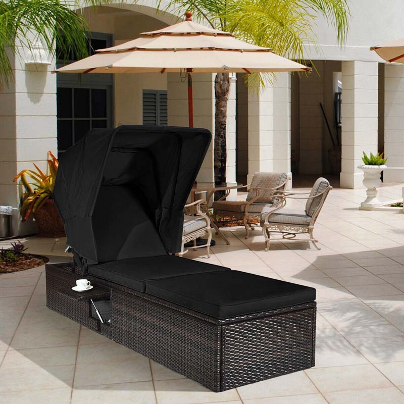Cushioned Rattan Outdoor Chaise Lounge Chair With Folding Canopy, Flip-Up Tea Table And 5 Positions