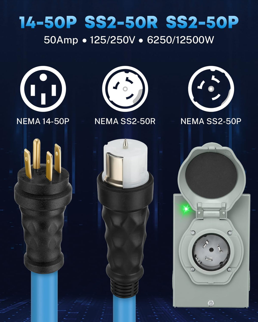 COOLTOP 50 Amp Generator Cord And Power Inlet Box Kit, 50FT STW 6/3+8/1 AWG, 125/250V - NEMA 14-50P To SS2-50R