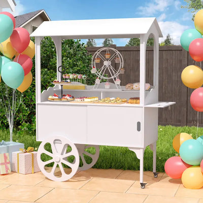 Wooden Candy Cart With Wheels, Pine Wood And MDF, Sliding-Door Cabinet