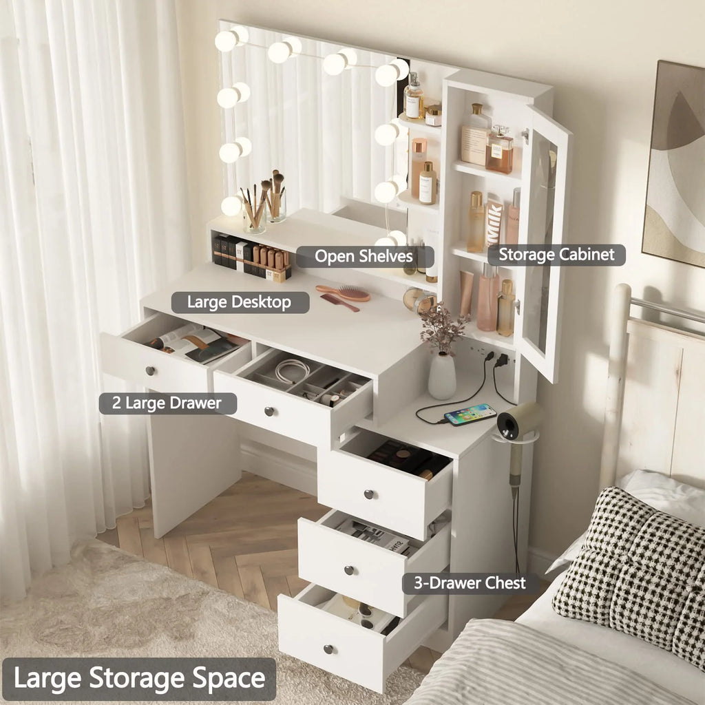 VEANERWOOD Makeup Vanity Desk With Lighted Mirror, Power Strip, 5 Drawers, White - 39.4in x 15.7in x 56.7in