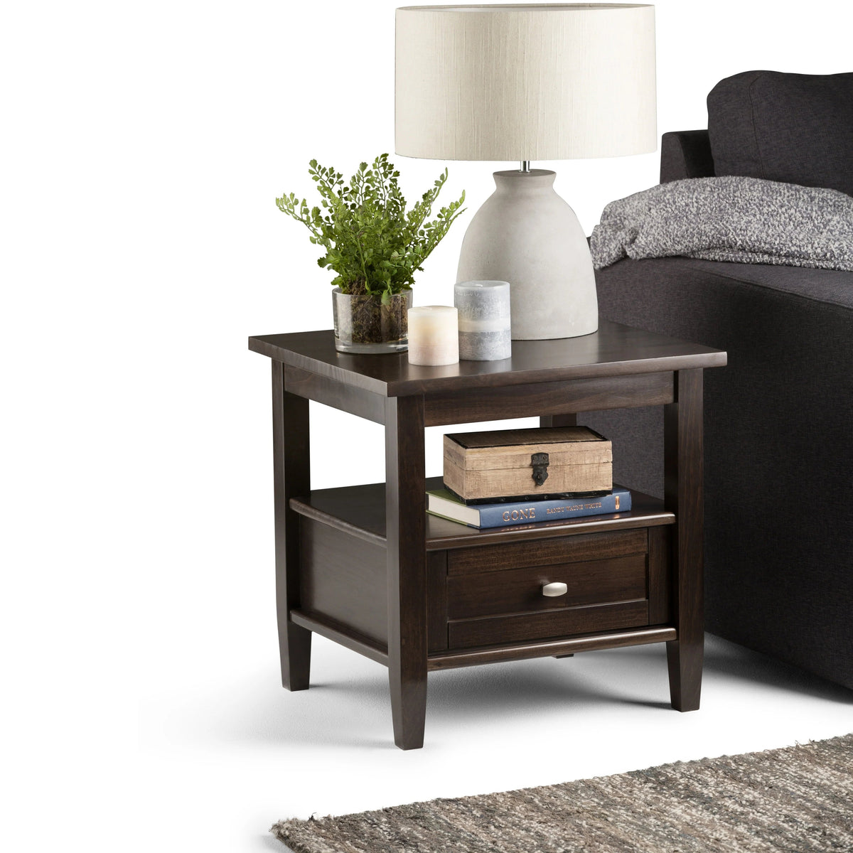Solid Wood Rectangle End Table With Drawer And Shelf, 18.1in D x 20in W x 19.5in H - Norfolk
