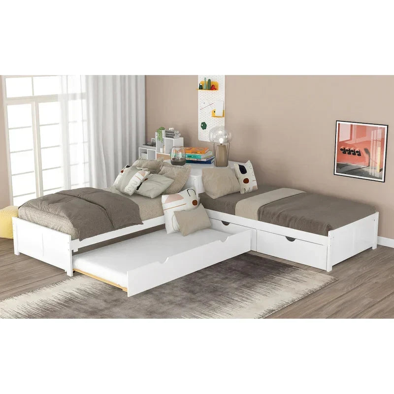 White Twin Size L-Shaped Platform Bed With Trundle And 2 Drawers