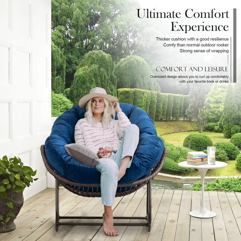 Outdoor Papasan Rocking Chair With Thick Cushion, Grey - 43.70in D x 37.20in W x 31.50in H