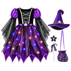 G`irls Purple Themed Dress Set, Kids Halloween Outfit with Witch Hat, Star Wand and Candy Pouch for Party Dress Up