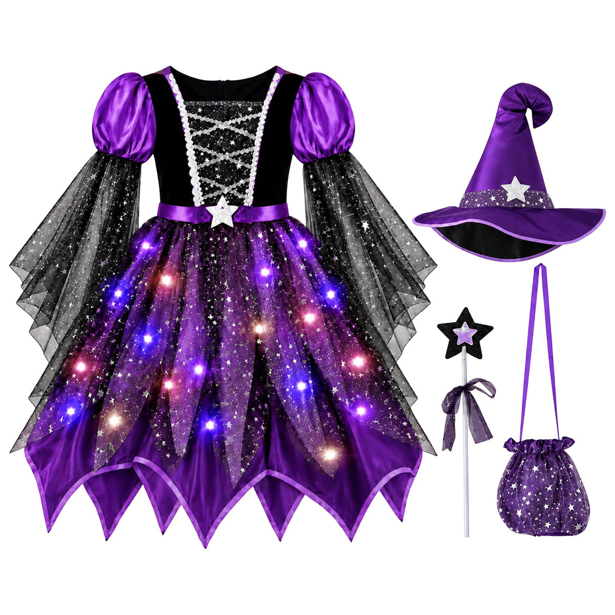 G`irls Purple Themed Dress Set, Kids Halloween Outfit with Witch Hat, Star Wand and Candy Pouch for Party Dress Up