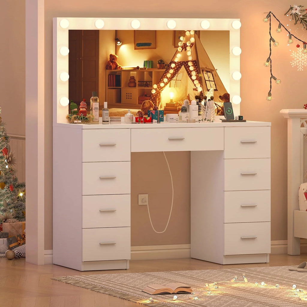 TEENFON Vanity Desk With Large Lighted Mirror, 46 in, 9 Drawers, Glass Desktop, White