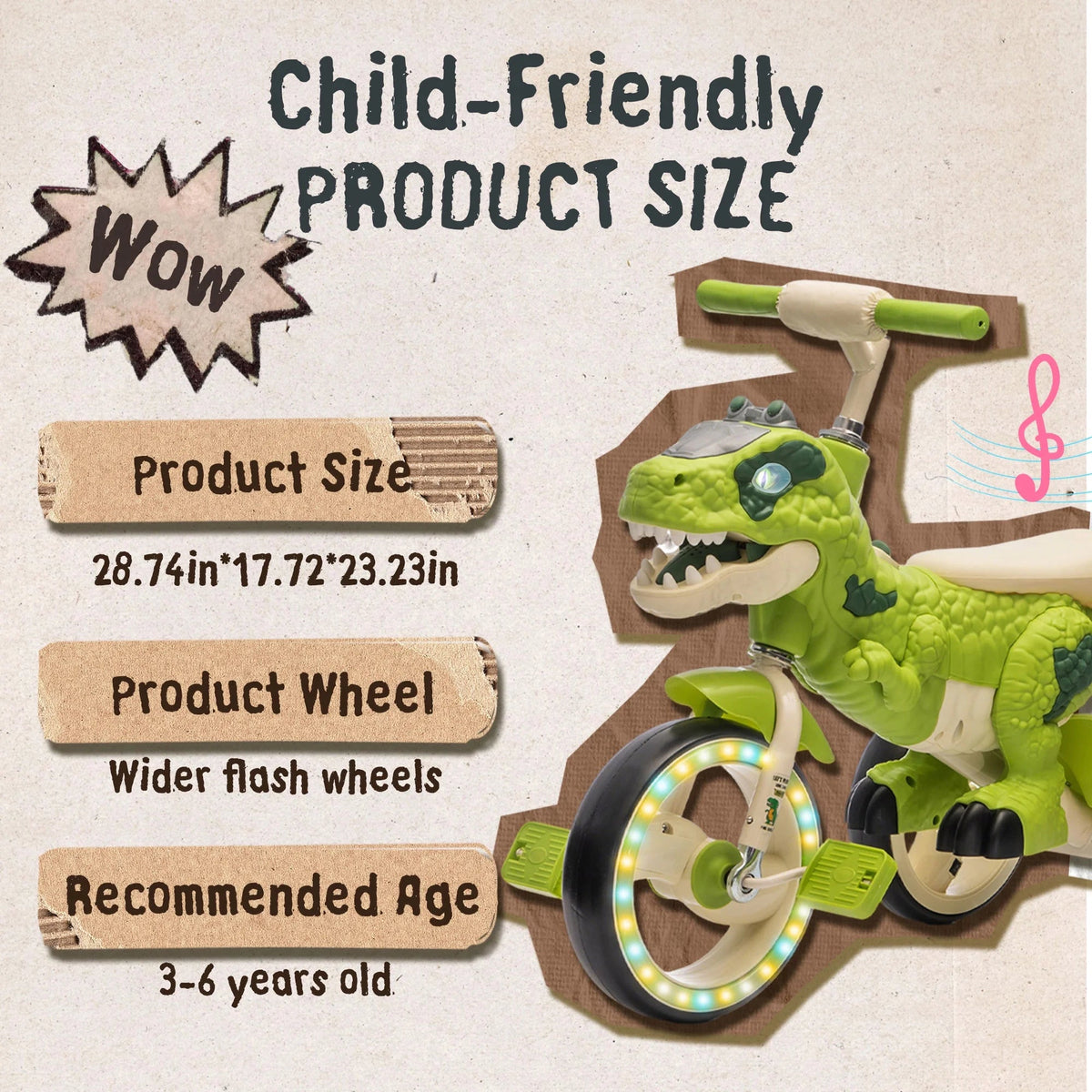 Xuanlur Kids' Dinosaur Tricycle With Flash Wheels, Music And LED Lights - Green