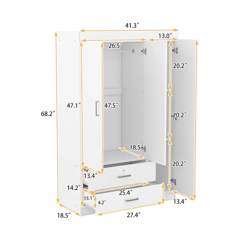 3-Door Wardrobe With 2 Drawers, Shelves And Hanging Rail