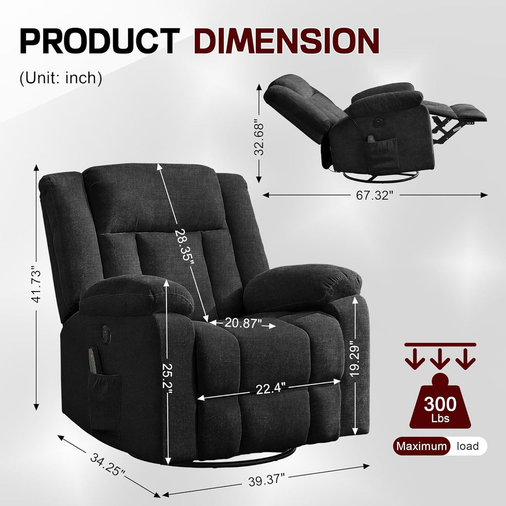 Korser Swivel Rocker Recliner Chair With Massage, Heating, USB Charging And Storage