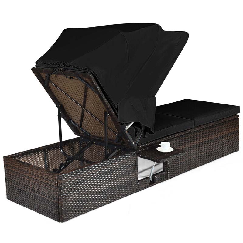 Cushioned Rattan Outdoor Chaise Lounge Chair With Folding Canopy, Flip-Up Tea Table And 5 Positions