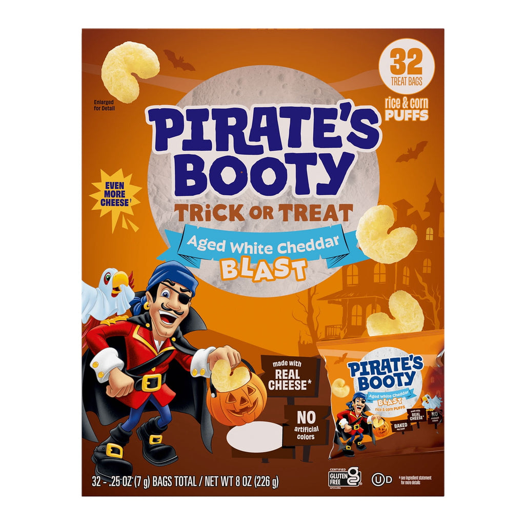 Pirate's Booty Aged White Cheddar Blast Cheese Puffs, Halloween Snack Bags, .25 oz (32 Count)