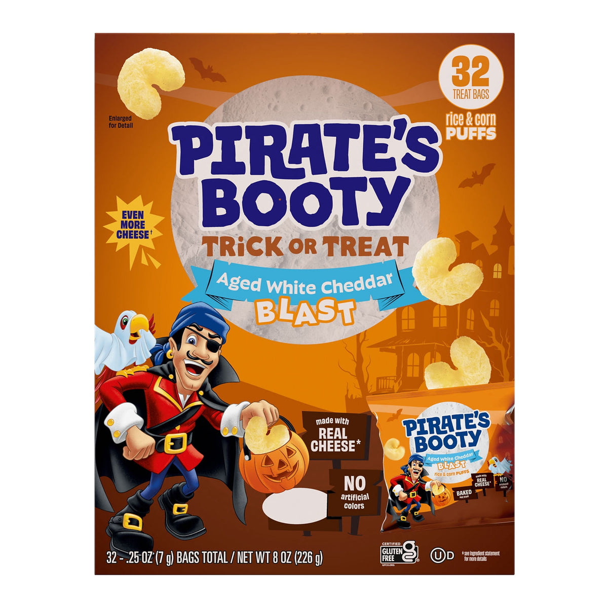 Pirate's Booty Aged White Cheddar Blast Cheese Puffs, Halloween Snack Bags, .25 oz (32 Count)