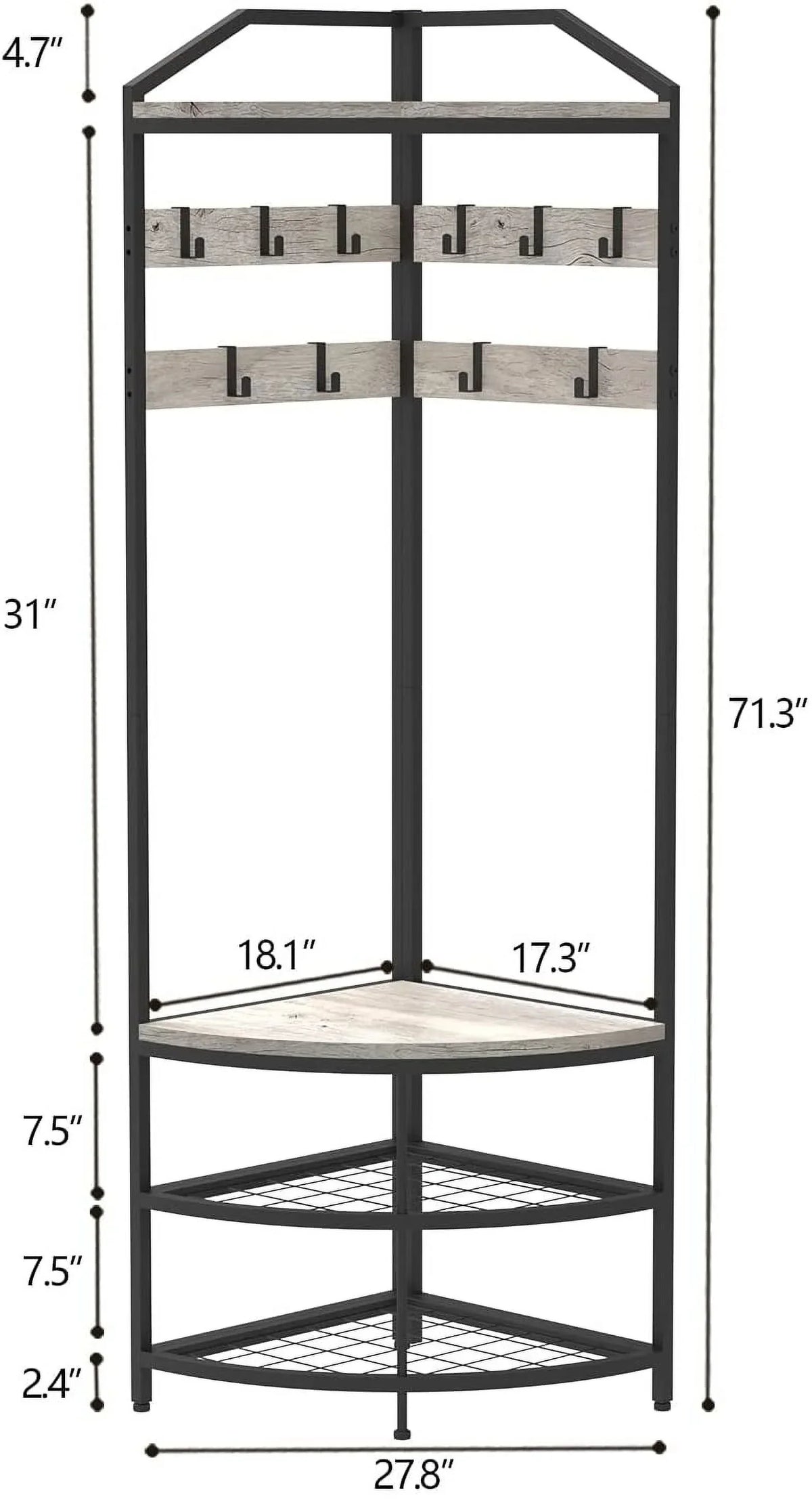 DONFU Corner Hall Tree With Shoe Bench, 10 Movable Metal Hooks, Greige