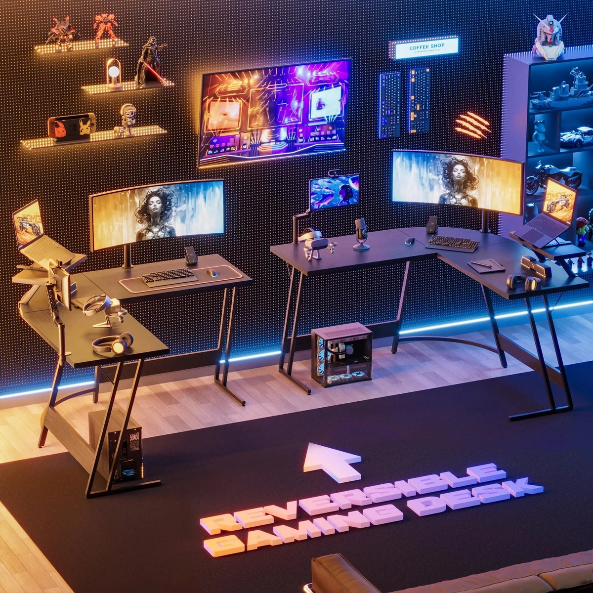 L-Shaped Gaming Computer Corner Desk With Monitor Stand - 220 lbs Capacity
